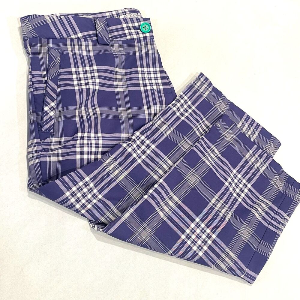 ~ Nike Golf 8 Women's Pants Capri Crop Purple Plaid White Gray Zip Quick Dry